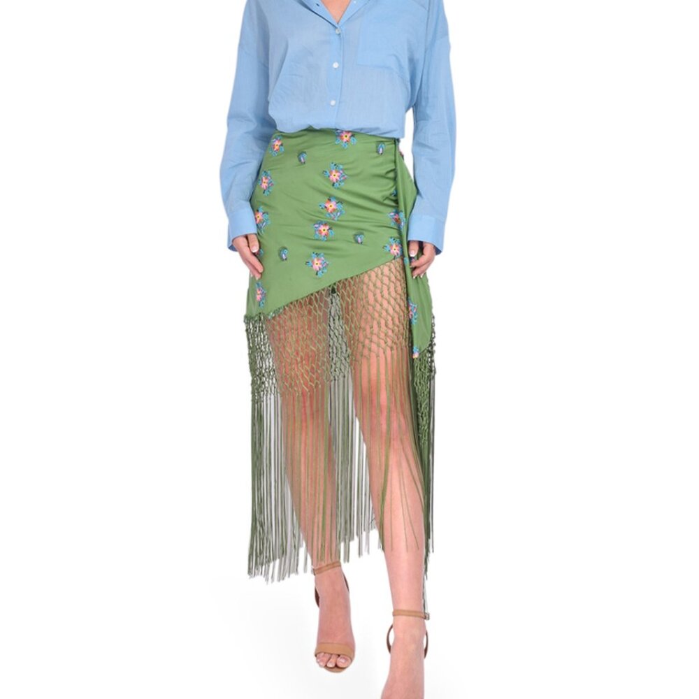 Essentiel Antwerp - Fioretto Embroidered Front-Tie Mini Fringe Skirt